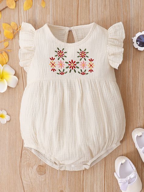 Baby Floral Embroidery Ruffle Trim Bodysuit Embroidery Designs For Baby Girl, Embroidery Baby Clothes, Baby Dress Embroidery, Newborn Baby Dresses, Kids Lehenga, Kids Frocks Design, Baby Dress Patterns, Baby Embroidery