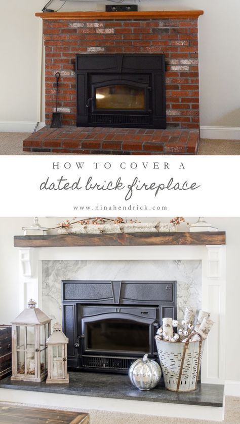 Learn how to cover your brick fireplace to transform it from dated to modern farmhouse style with stone, painted wood, and a solid rustic pine mantel. Cover A Fireplace, Farmhouse Brick, Fireplace Rustic, Family Room Paint Colors, Family Room Paint, Fireplace Redo, Brick Hearth, Fireplace Cover, Paint Fireplace