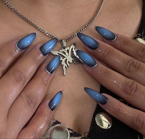 Chrome On Blue Nails, Blue Black Acrylic Nails, Blue Chrome Star Nails, Blue Edgy Nails, Dark Blue Chrome Nails Designs, Chrome Blue French Tip, Navy Aura Nails, Blue And Silver Chrome Nails, Dark Blue Aura Nails