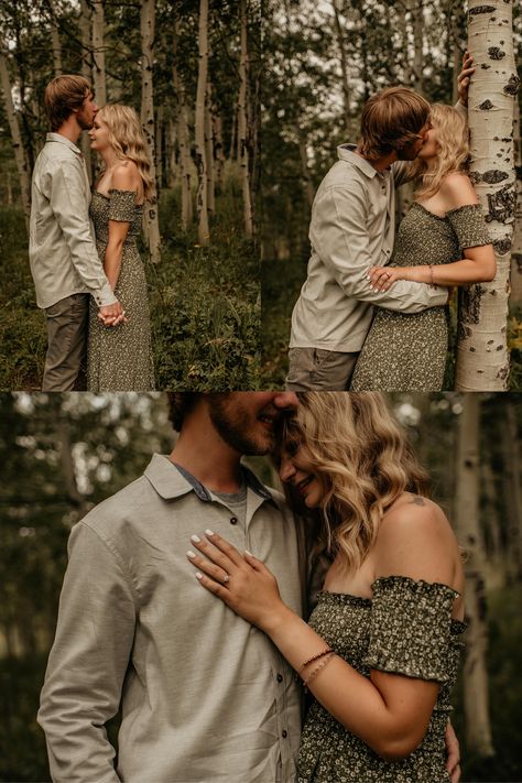 Taylor Hassebroek Photo | Colorado Engagement Photographer | Wedding Photographer | Aspen trees | Forest Engagement | What to Wear | Couples Posing | Green Summer Aspen Trees | Spring Engagement Session Engagement Photoshoot Greenery, Woodsy Engagement Photos Outfits, Couple Poses In Woods, Engagement Photos Outfits Green, Olive Green Engagement Photos, Forest Engagement Photos Outfit, Wooded Engagement Pictures, Engagment Photo Spring Outfits, Engagement Photos Woods Forests