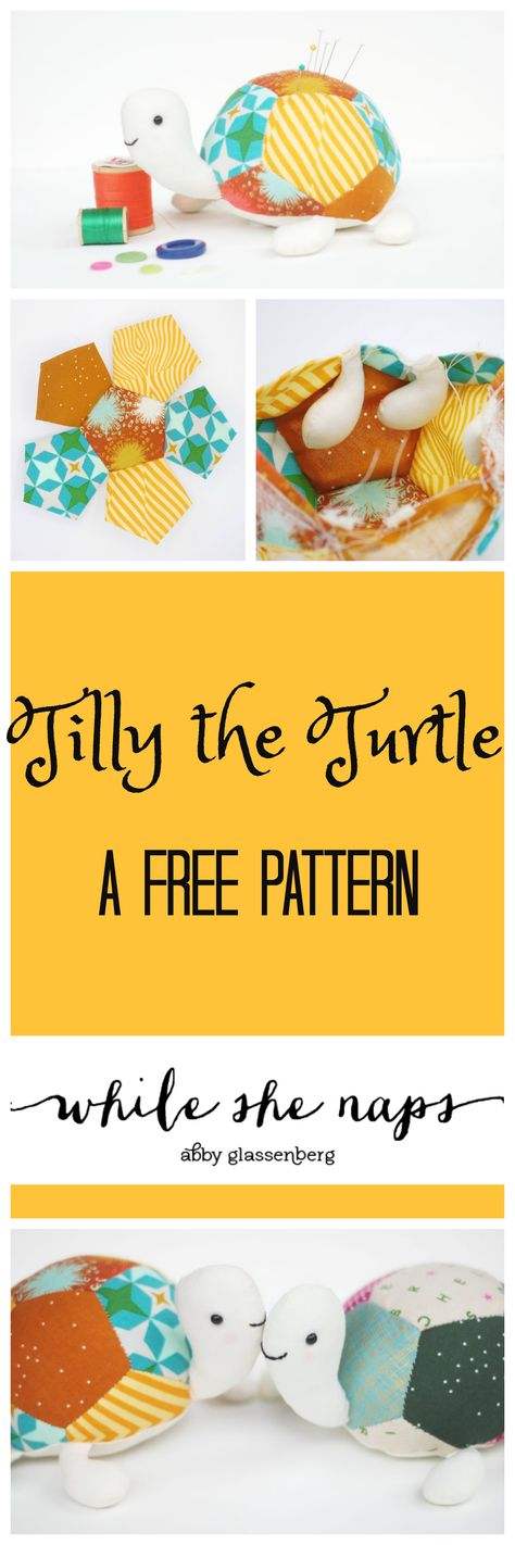 Free English Paper Piecing Pattern: Tilly the Turtle - whileshenaps.com Tortoise Sewing Pattern Free, Turtle Pin Cushion Pattern Free, Easy Stuffed Animals To Sew Free Pattern, Pin Cushions Patterns Free, Turtle Sewing Pattern, Turtle Pin Cushion, Diy Pin Cushion, Baby Toys Diy, Cute Turtle