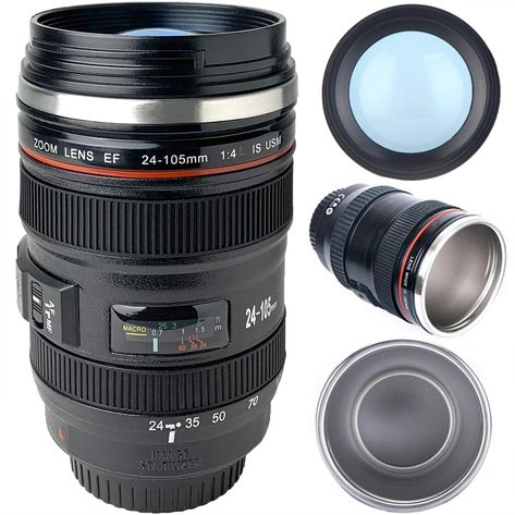 Camera Lens Coffee Mug With Lid -- Read more at the image link.-It is an affiliate link to Amazon. Camera Lens Mug, Camera Mug, Steel Thermos, Coffee Thermos, Photo Coffee, Trending Gadgets, Pc Tips, Coffee Drinker, Thermal Mug