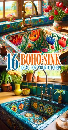 Mexican Kitchen Ideas, Kitchen Sink Inspiration, Hippie Kitchen, Sink Inspiration, Boho Style Kitchen, Boho Kitchen Ideas, Kitchen Bohemian, Funky Kitchen, Whimsical Kitchen