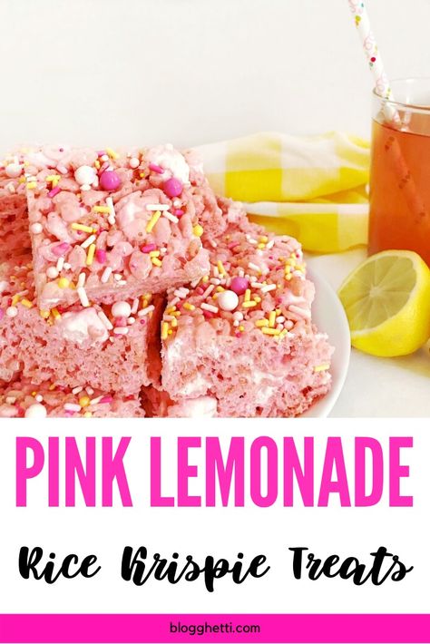 Pink Lemonade Rice Krispie Treats are easy to make and a fun way to get the kids in the kitchen to help prepare them.  Lemon flavor and  colorful sprinkles make them an irresistible sweet treat.  #cereal #lemonade #lemon #ricekrispies #treats #springsweetsweek #recipes #kids Peach Cobbler Rice Krispy Treats, Spring Sweets, Cereal Flavors, Kids In The Kitchen, Friends Recipes, Homemade Snickers, Krispy Treats, Rice Krispy, Lemon Flavor