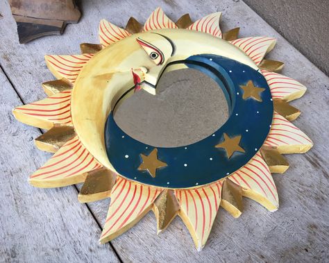 Vintage Painted Wood Sun and Moon Small Space Wall Mirror from Indonesia, Celestial Folk Art Sun And Moon Ceramic Wall Art, Celestial Folk Art, Sun And Moon Mirror, Sun And Moon Wall Decor, 90s Sun And Moon, Mika Core, Whimsigoth Room, Sun And Moon Decor, Bronze Tinted Mirror