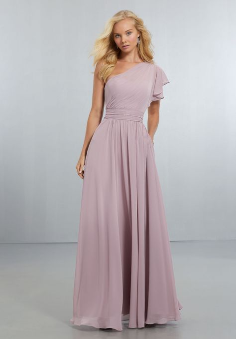 Chiffon Bridesmaids Dress with One Shoulder Flounced Sleeve Morilee Bridesmaid Dresses, Chiffon Dresses With Sleeves, Chifon Dress, Mori Lee Bridesmaid Dresses, Bridesmaid Dresses Australia, Long Sleeve Bridesmaid Dress, Grey Prom Dress, One Shoulder Bridesmaid Dresses, Bridesmaid Dresses With Sleeves