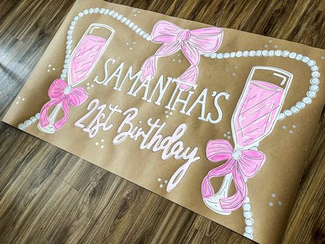 Bows and pearls! How cute🫶🏼💗🌟 • • • @thewavypaintbrush design. Do not replicate. #banner #banners #brownpaperbanner #bows #pink #pearls Birthday Butcher Paper Banner, Painted Banner Ideas, Craft Paper Banner, New Years Banner, Birthday Banner Diy, Happy Birthday Painting, Homemade Banners, Bows And Pearls, Painted Banners