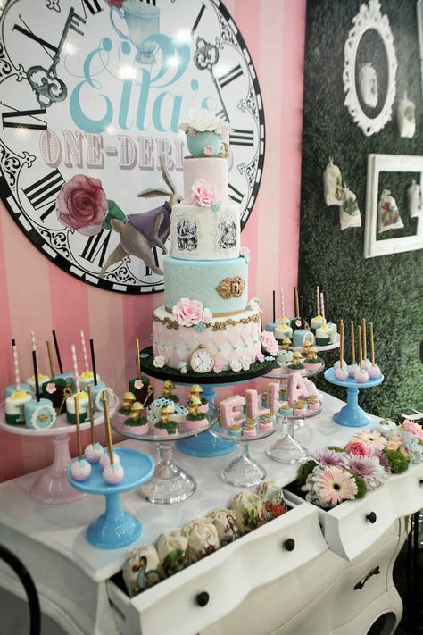 Side-view of a dessert table from an Alice in Wonderland Birthday Party on Kara's Party Ideas | KarasPartyIdeas.com (44) Alice In Wonderland Dessert Table, Alice In Wonderland Birthday Cake, Alice In Wonderland Birthday Party, Wonderland Party Decorations, Wonderland Birthday Party, Dessert Table Birthday, Alice In Wonderland Tea Party Birthday, Onederland Birthday Party, Alice In Wonderland Cakes