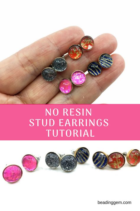 Easy No Resin Stud Earrings Tutorial Uses Paper! Diy Post Earrings, Diy Earrings Studs, Jewelry Stamping, Free Jewellery Making Tutorials, Resin Stud Earrings, Earrings Tutorial, Easy Jewelry, Jewelry Making Earrings, Making Stuff