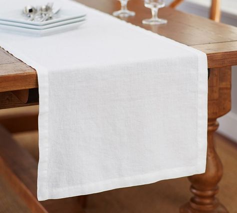 Pottery Barn Belgian Linen Flax Everyday Table Runner, $35 | The best everyday dinnerware to register for on WomanGettingMarried.com Modern Coastal Decor, Table Runner Pattern, White Table Cloth, Cloth Napkin, Table Cloths, Belgian Linen, Free Interior Design, White Table, Linen Table Runner