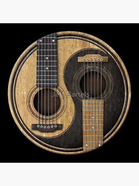 "Old and Worn Acoustic Guitars Yin Yang" Poster by JeffBartels | Redbubble Guitar Hanging Ideas, Yin Yang Poster, Guitar Craft, Acoustic Guitar Art, Guitar Shelf, Guitar Pillows, Guitar Artwork, Guitar Crafts, Acoustic Guitar Photography