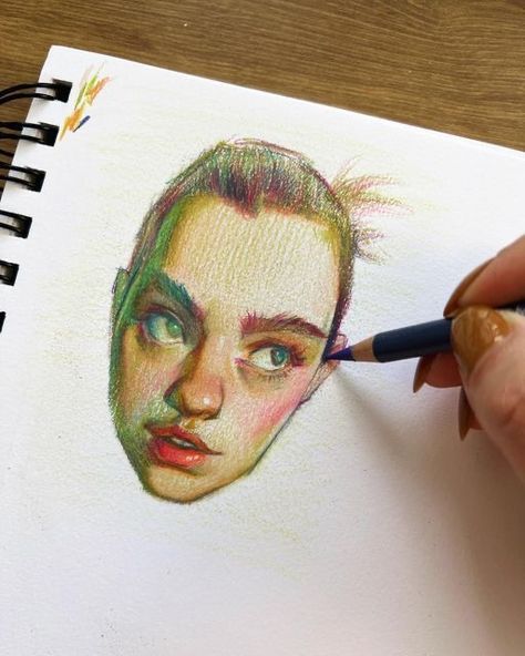 Colour Pencil Character Art, Portrait Drawing Colour Pencil, Portrait Colour Pencil, Chris Hong Art Pencil, Ideas For Self Portraits, Portrait Art Colored Pencil, Art Sketchbook Colored Pencil, Pencil Crayon Portrait, Colourful Pencil Art