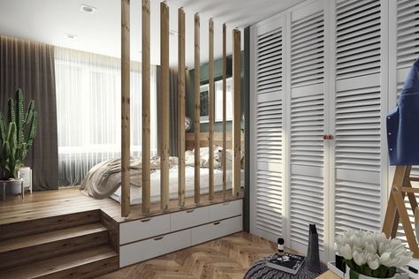 Bed Partition Ideas, Small Condo Decorating, Partition Ideas, Studio Apartment Living, Small Apartment Interior, Small Apartment Design, Small Room Design, Tiny House Cabin, Studio Apartment Decorating