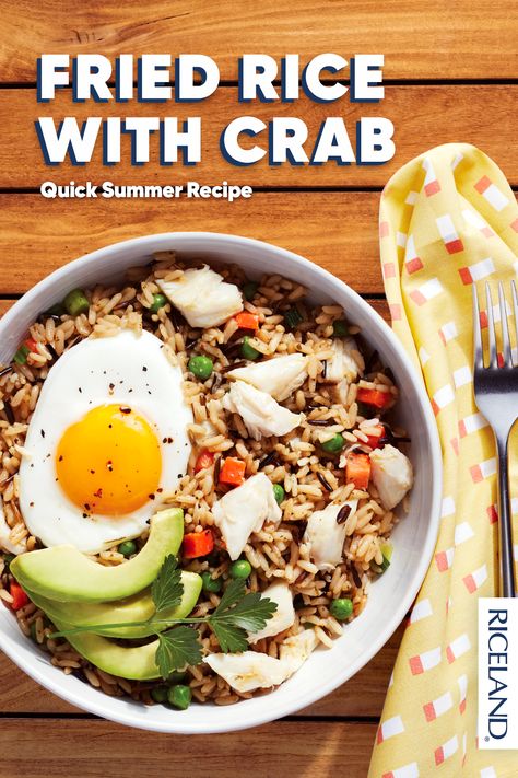 A rice bowl is the best base for quick summer meals. Add your own protein sources, or follow this recipe with Riceland long-grain rice. We added a fried egg, crab meat and avocado slices for a filling dinner idea. Quick Summer Meals, Filling Dinner, Healthy Appetizers, Rice Dishes, Rice Recipes, One Pot Meals, Healthy Cooking, Seafood Recipes, Pot Recipes