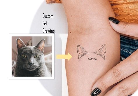 Tattoo Ideas For Cat Owners, Pet Tribute Tattoo Cat, Cat And Dog Ears Tattoo, Tattoos For Cat Owners, Cat Ear Tattoo Simple, Pet Ear Tattoo, Personalized Cat Tattoo, Custom Cat Tattoo, Cat Tribute Tattoo Small