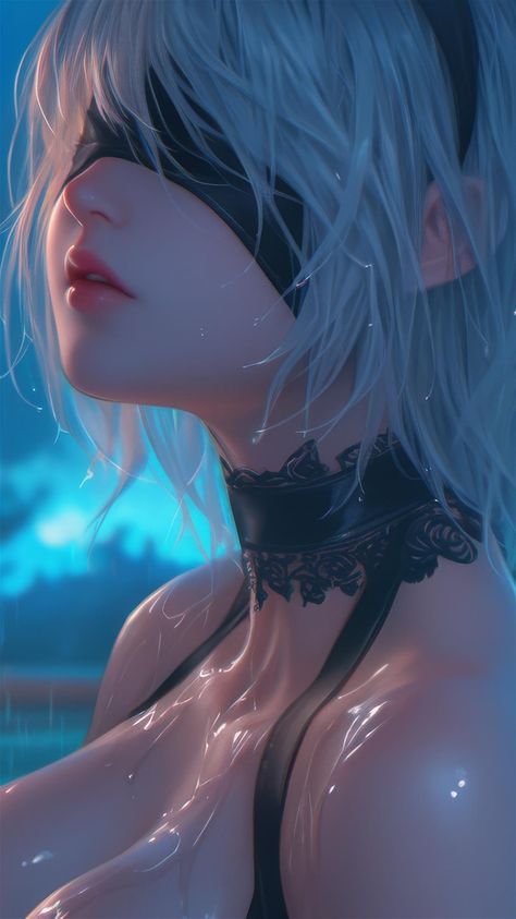 4k HD Wallpaper: 2B from Nier by Rainy Pool in Moonlight Under Moonlight, Anime Ghost, Blue Bokeh, 2b Nier Autómata, Anime Picture Hd, 4k Hd Wallpaper, Under The Moonlight, Art Nouveau Illustration, Best Gaming Wallpapers