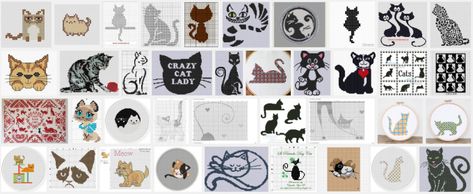 Gratis borduurpatroon poes en kat Crazy Cat Lady, Crazy Cats, Cat Lady, Embroidery Patterns, Photo Wall, Cross Stitch, Embroidery, Collage, Van