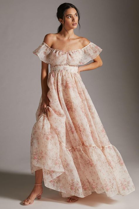 Selkie Off-The-Shoulder Floral Maxi Dress | Anthropologie Hong Kong Official Site Selkie Dress, Off Shoulder Gown, Fitted Maxi Dress, Blouse Neck Designs, Beautiful Blouses, Floral Maxi, Dance Dresses, Floral Maxi Dress, Style Dress