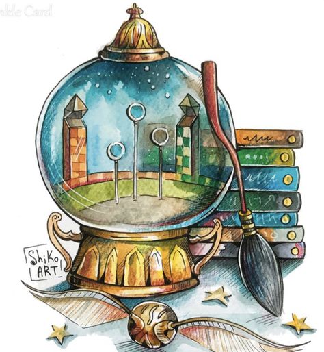 Snow Globe Drawing, Globe Drawing, Harry Potter Watercolor, Harry Potter Sketch, Harry Potter Art Drawings, Harry Potter Painting, Harry Potter Illustrations, Harry Potter Illustration, Theme Harry Potter