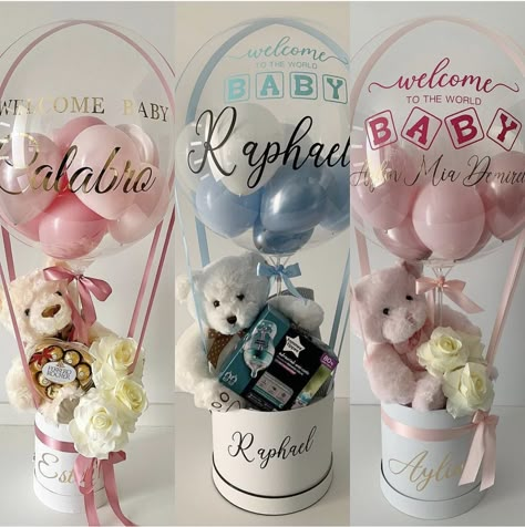 Gift Basket With Balloons, Bear In Basket With Balloons Diy, Baby Ballon Basket, Balloon In A Box Gift, Baptism Balloons, Balloon Store, Valentines Balloons Bouquet, Dyi Ballon Baby Basket, Bobo Balloons