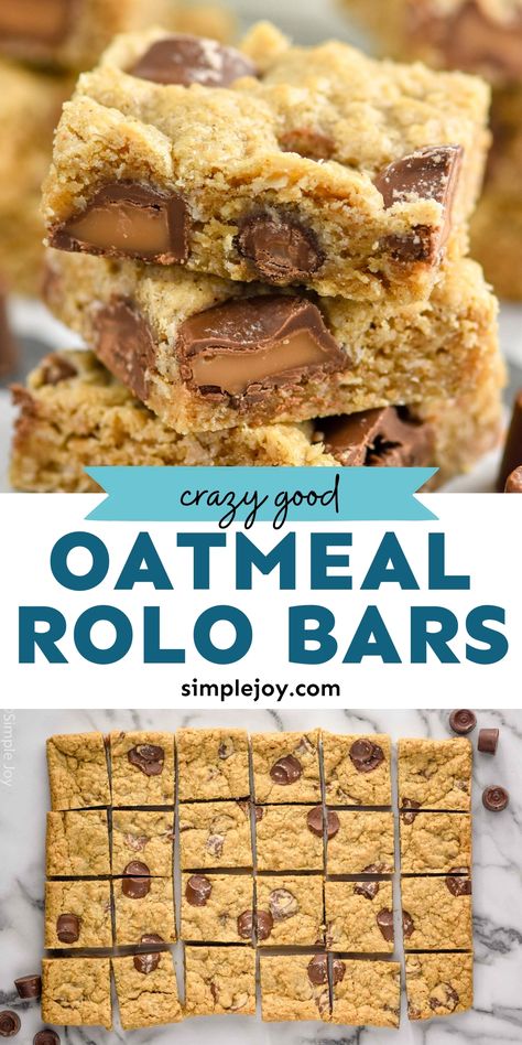 These Oatmeal Rolo Bars are your favorite Oatmeal Raisin Cookies in bar form with the addition of perfect drippy caramel Rolos. The combination of oats, chocolate, and caramel is absolutely amazing. Rolo Bars, Oatmeal Cookie Bars Recipes, Cookie Butter Bars, Cinnamon Oatmeal Cookies, Oatmeal Cookie Bars, Caramel Brownies, Oatmeal Bars, Oatmeal Raisin Cookies, Vanilla Cookies