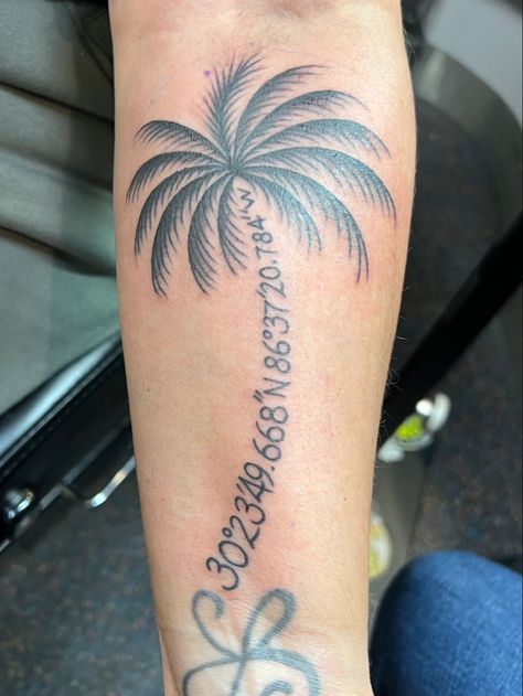 Palm Tree Coordinates Tattoo, Palm Tree With Coordinates Tattoo, Puerto Rico Palm Tree Tattoo, Palm Tree Drawing Tattoo, Palm Tree Outline, Tree Tat, 2024 Tattoo, Palm Tree Drawing, Coordinates Tattoo