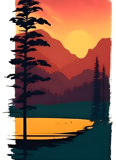 Brown Vibe, Flat Landscape, Retro Nature, Sun Bear, Digital Art Software, Landscape Posters, Mountain Tree, Mountain Sunrise, Landscape Mountain