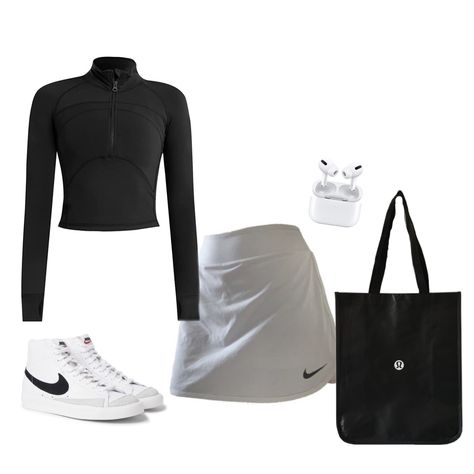 zip up - lululemon define jacket, skirt - nike tennis skirt, tote bag - lululemon, shoes - nike blazer mid 77, airpods pro //mine xx #ootd #fashion #outfit #clothes Nike Skirt Outfit, Sporty Skirt Outfits, Define Jacket Outfit, Lululemon Shoes, Nike Tennis Skirt Outfit, Nike Skirt, Black White Nike, Nike Tennis Skirt, Tennis Skirt Outfit