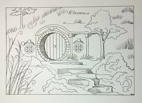 Hobbit Hole by EepaSketch Hobbit House Drawing, House Drawing Easy, Hobbit Tattoo, Simple House Drawing, Hole Drawing, Casa Hobbit, A Line Drawing, Hobbit Art, Lotr Art