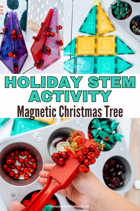 Combine holiday fun with STEM learning in this creative activity. Build a festive tree using magnetic tiles and decorate with bells, bows, and other fun items. Explore magnetism with a "magnetic or not" guessing game and bring your tree to life with lights and ornaments. Perfect for hands-on learning and holiday cheer! Holiday Stem Activities, Christmas Stem Activities, Sensory Activities For Preschoolers, Holiday Stem, Fun Learning Games, Christmas Stem, Sensory Activities Toddlers, Stem Activity, Toddler Arts And Crafts