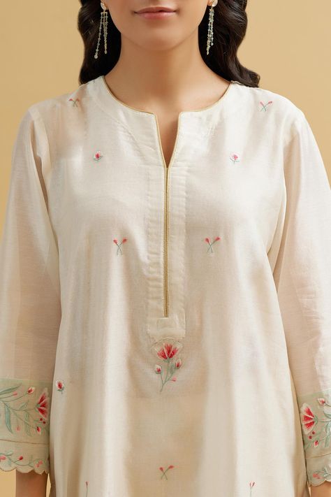 Buy White Silk Chanderi Embroidery Round Kurta For Women by Anantaa by Roohi Online at Aza Fashions. Embroided Suits, White Kurtis, Silk Kurtas, Kurta For Women, Neck Designs For Suits, Machine Work, Trendy Shirt Designs, Kurta Neck Design, Cotton Kurti Designs