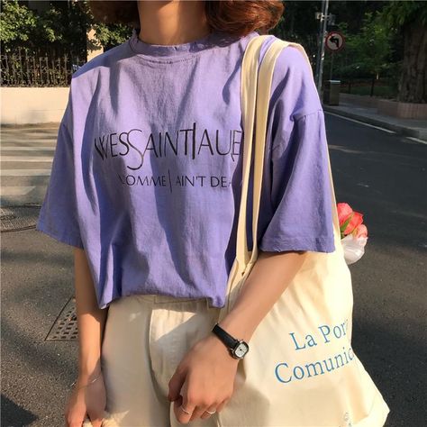 WES SAINT PRINT PURPLE WHITE FRANCE STYLE VINTAGE T-SHIRT Tumblr Aesthetic Clothes, Moda Ulzzang, Purple Tshirt, France Style, Style Goals, Purple Outfits, Y2k Aesthetic Outfits, Tumblr Outfits, Tshirt Outfits