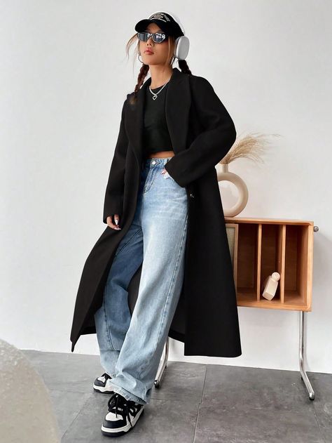 Black Over Coat Outfit, Black Overcoat Outfit Women, Overcoat Outfit Women, Black Coat Outfit, Long Coat Outfit, Long Outfit, Outfit Grunge, Black Overcoat, Western Casual