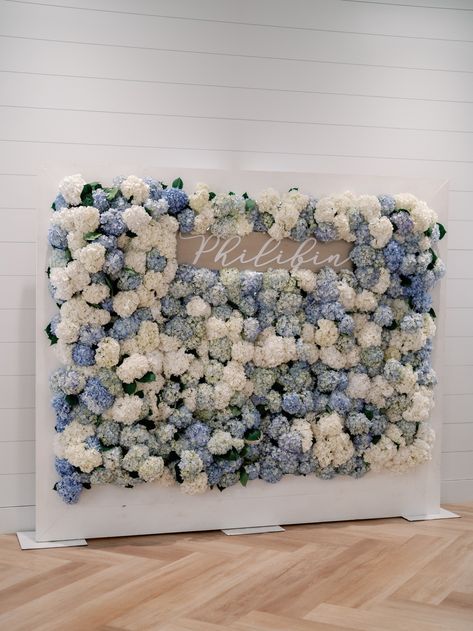 Hydrangea Flower Wall, Hydrangea Wedding Backdrop, Blue And White Flower Wall, Pop Of Color Wedding Decor, Hydrangea Bridal Shower Ideas, Hydrangea Backdrop, Blue Floral Backdrop, Wedding Floral Backdrop, Hydrangea Wedding Decor