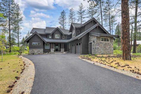 Black House With Stone, Tar And Chip Driveway, Stone Accent Wall, Mudroom Addition, Asphalt Driveway, Stone Accent Walls, Gravel Driveway, Driveway Design, Mudroom Design