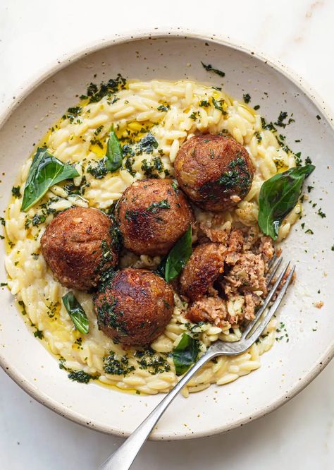 Apricot + Rosemary ‘Meatballs’ With Creamy Orzo - SO VEGAN Rosemary Meatballs, Vegan Recipes Italian, Creamy Orzo Pasta, Chana Saag, Meat Ideas, Creamy Orzo, Vegetarian Burgers, Broccoli Fritters, Veggie Dinners