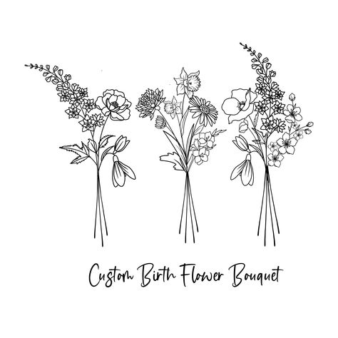 DIGITAL Custom Family Birth Flower Bouquet / Custom Birth - Etsy Australia Birth Month Tattoo, Family Birth Flower Bouquet, Bear Flowers, Mother Tattoos For Children, Flowers Line Art, Flower Bouquet Tattoo, Birth Flower Bouquet, Flower Boquet, Bouquet Tattoo