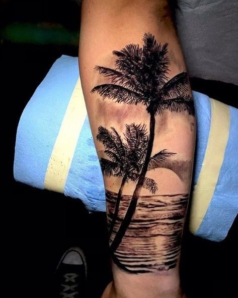 DermalGrafix Tattoo on Instagram: “Done by @tattoo_elvis #blackandgreytattoo #blackandgrey #tropicaltattoo #beachtattoo #sunsettattoo #sandiegotattooartist…” Meaningful Symbol Tattoos, Hawaiian Tattoos, Tree Sleeve, San Diego Tattoo, Tropical Tattoo, Ray Tattoo, Sunset Tattoos, Hawaiian Tattoo, Beach Tattoo