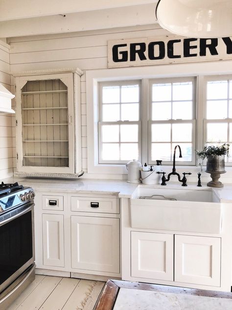 No Upper Cabinets Kitchen Ideas, Style Kitchen Shelves, No Upper Cabinets Kitchen, Shabby Chic Kitchen Shelves, Kitchen Armoire, 1900 House, Caribbean Kitchen, 1910 House, Trendy Home Office