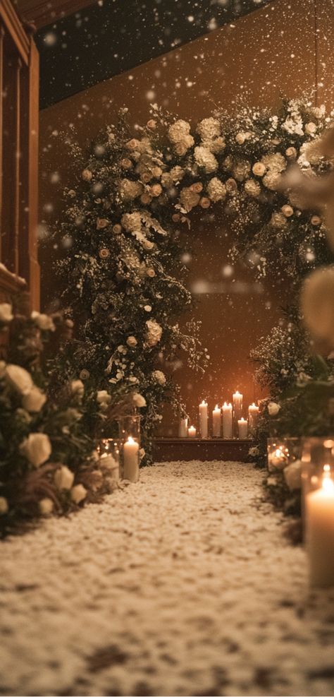 Elegant indoor winter wedding ceremony backdrop with cozy lighting and white floral decor. Winter Aesthetic Wedding, Winter Wedding Entrance, Winter Wedding Send Off Ideas, Winter Wedding Ceremony Backdrop, Winter Wedding Ceremony Ideas, Wedding Esthetics, Winter Wedding Ceremony Decor, Wedding Ceremony Backdrop Ideas, Winter Wedding Ceremony Decorations