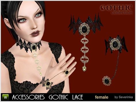 Set female jewelry in the Gothic style - lace necklace and bracelet, a chain connected to the ring. Found in TSR Category 'Sims 3 Accessory Sets' Sims Nails, Sims Halloween, Sims 4 Cc Goth, Sims Accessories, Vampire Jewelry, Ts3 Cc, Sims 3 Cc Finds, Alpha Cc, Goth Ring