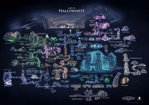 How to design a great Metroidvania map | PC Gamer Hollow Knight Color Palette, Hollow Night, Hollow Art, Map Artwork, Arte 8 Bits, Knight Games, Dungeon Maps, Knight Art, Vintage Tin Signs