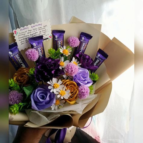 Buket Coklat Dairy Milk, Coklat Dairy Milk, Dairy Milk Chocolate, Happy Birth, Dairy Milk, Purple Flower, Chocolate Milk, Purple Flowers, Dairy