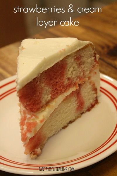 Strawberries & Cream Layer Cake #recipe #dessert #cake #strawberry Strawberry Cream Layer Cake, Strawberry Marble Cake Recipes, Strawberry Doctored Box Cake, Strawberry Marble Cake, Double Layer Strawberry Cake, Recipes Strawberries, Strawberry Yogurt Cake, Sweets Cupcakes, Strawberry Jell-o Poke Cake