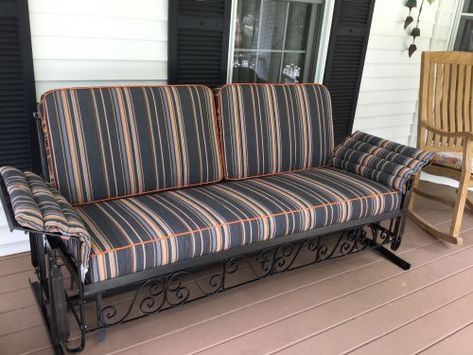 60-Year Old Glider - New Sunbrella Cushions | Customer Photo Vintage Glider, Vintage Metal Glider, Guess Room, Glider Cushions, Antique Furniture Restoration, Daybed Cushion, Patio Couch, Yard Landscape, Lawn Furniture