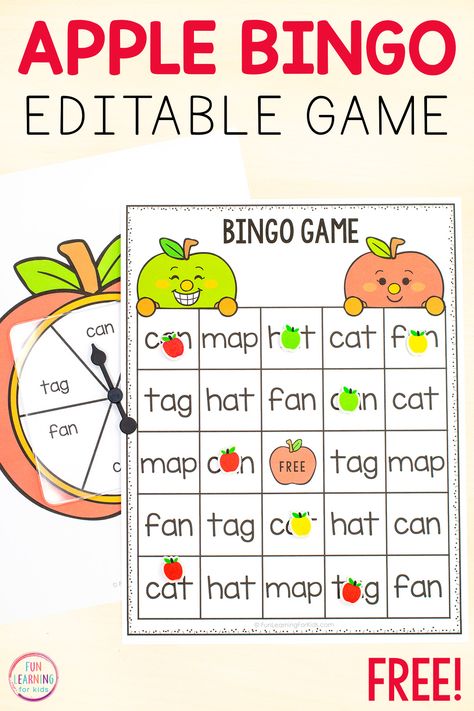 Apple Bingo, Free Phonics Activities, Apple Games, Apple Word, Free Printables For Kids, Indoor Activities For Toddlers, Apple Activities, Literacy Games, Free Printable Activities