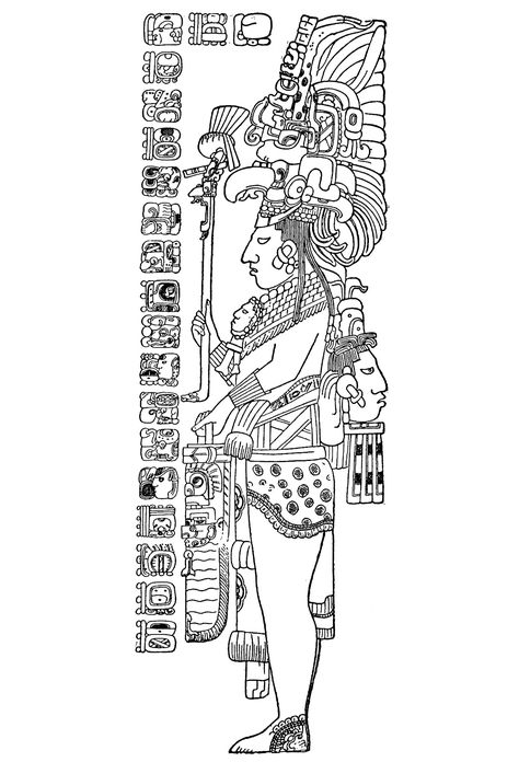 Drawing published by Herbert Spinden in his 1913 A Study of Maya Art, based on Tozzer’s original field sketches : The Tzendales stela Mayan Drawings, Aztec Tattoos Sleeve, Mayan Glyphs, Mayan Tattoos, Aztec Tattoos, Art Coloring Pages, Mayan Symbols, Maya Art, Mayan Art