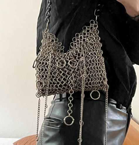 Handmade chainmail bag is made from silver tone steel. Chain is silver-black. High about 20cm. Width about 27cm. Allow up to 7 days for production plus shipping time. Chainmail Clothing, Chainmaille Jewelry Patterns, Womens Costumes, Chainmail Jewelry, Chain Maille Jewelry, Chain Mail, Women's Costumes, Looks Style, Steel Chain