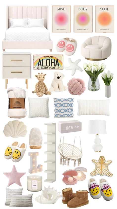 Room Decor Bedroom Beach Theme, Gold White Room Decor, Summer Room Ideas Aesthetic, Different Aesthetics For Rooms, That Girl Room Decor, Things To Put In Your Room, Preppy Girl Bedroom, Copenhagen Style Room, Modern Pastel Bedroom