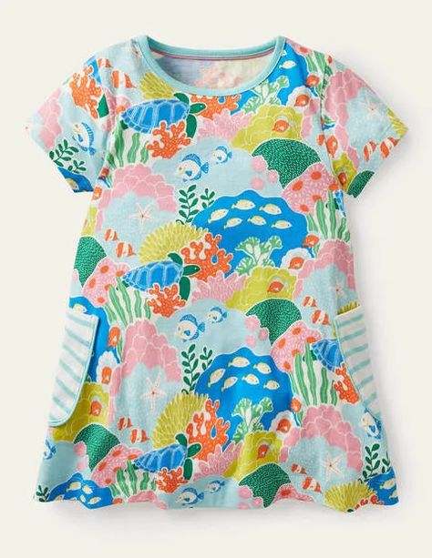 Shiny Seashells, Reef Girls, Mini Boden Dress, Blue Strawberry, Summer 2025, Boden Uk, Boy Costumes, Print Tunic